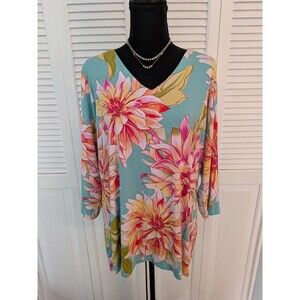 Belle by Kim Gravel Top Women's L Bold Aqua Floral Print Blouse Stretch Resort
